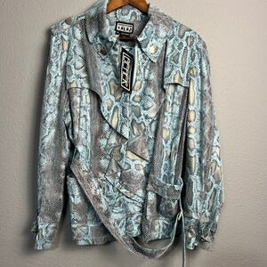 Berek Reptile Snakeskin Ruffle Moto Jacket Edgy Glam Belted Rockabilly Biker  XL